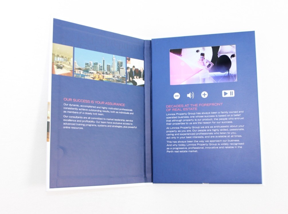 4,3" cartes de visite professionnelle de visite visuelles rechargeables de livre cartonné pour les affaires promotionnelles, 2G/4G/8G