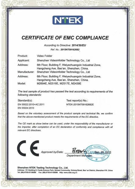 China Shenzhen Videoinfolder Technology Co., Ltd. certification